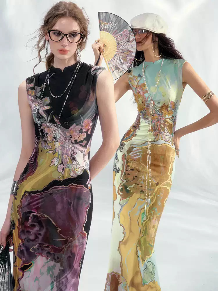 Chinese Print Lake Cheongsam Dress