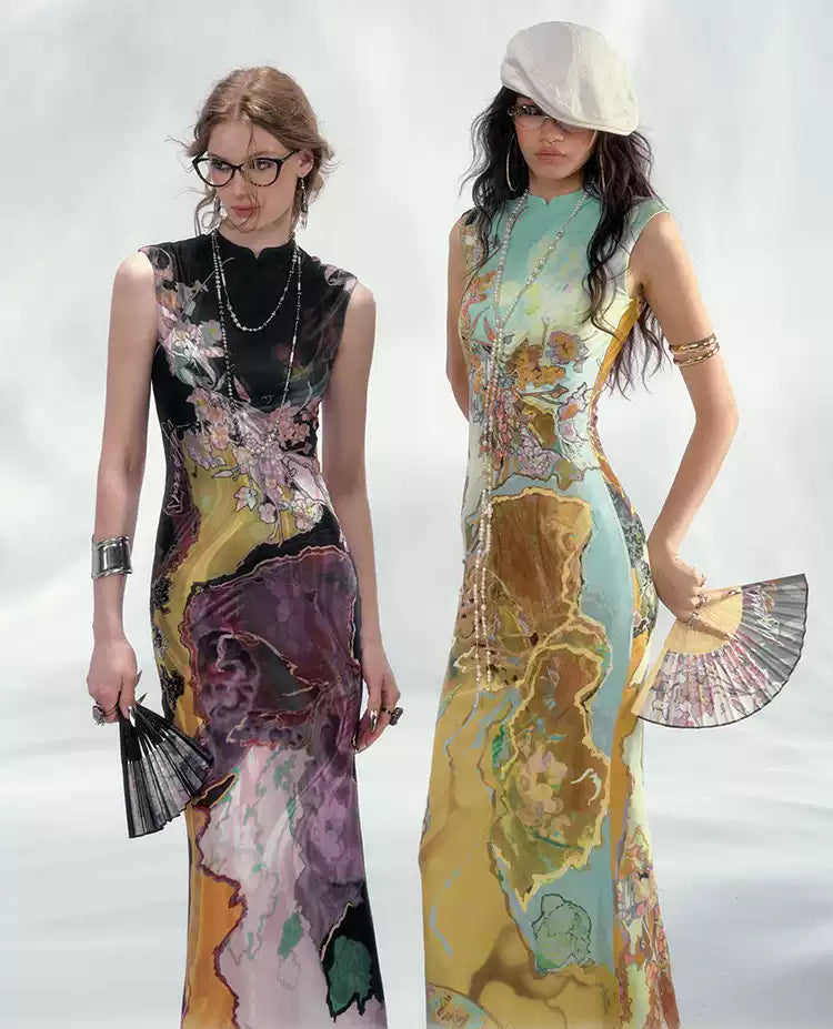 Chinese Print Lake Cheongsam Dress