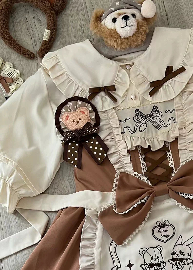 Sweet Lolita JSK with Detachable Apron Chiffon apricot shirt with brown bow Only