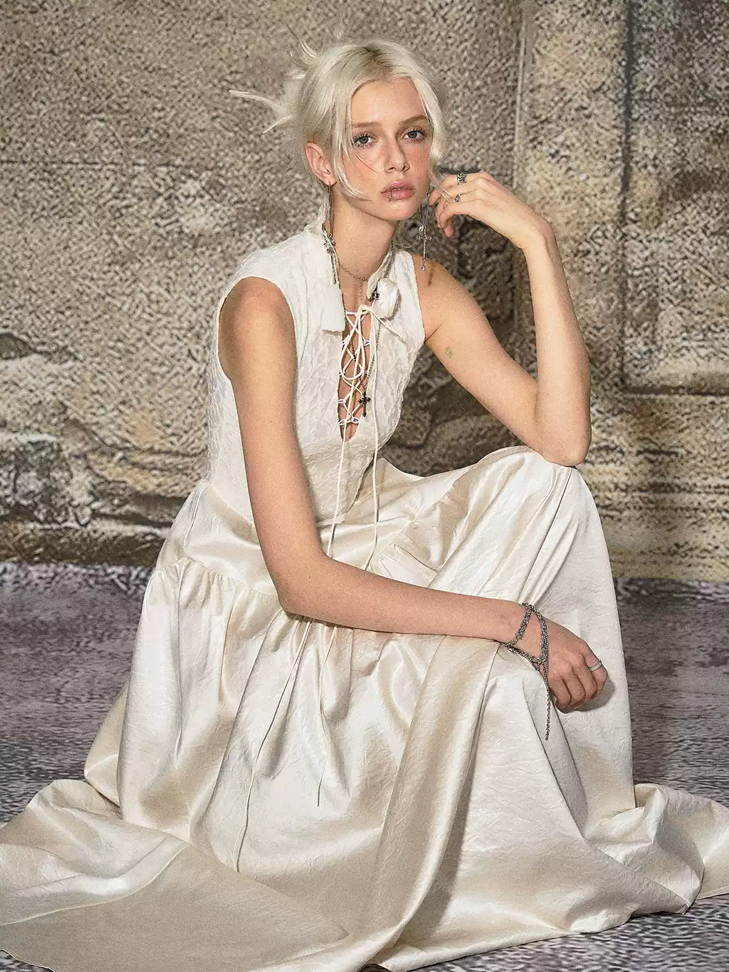 French Lace-up Sleeveless Waist Dress