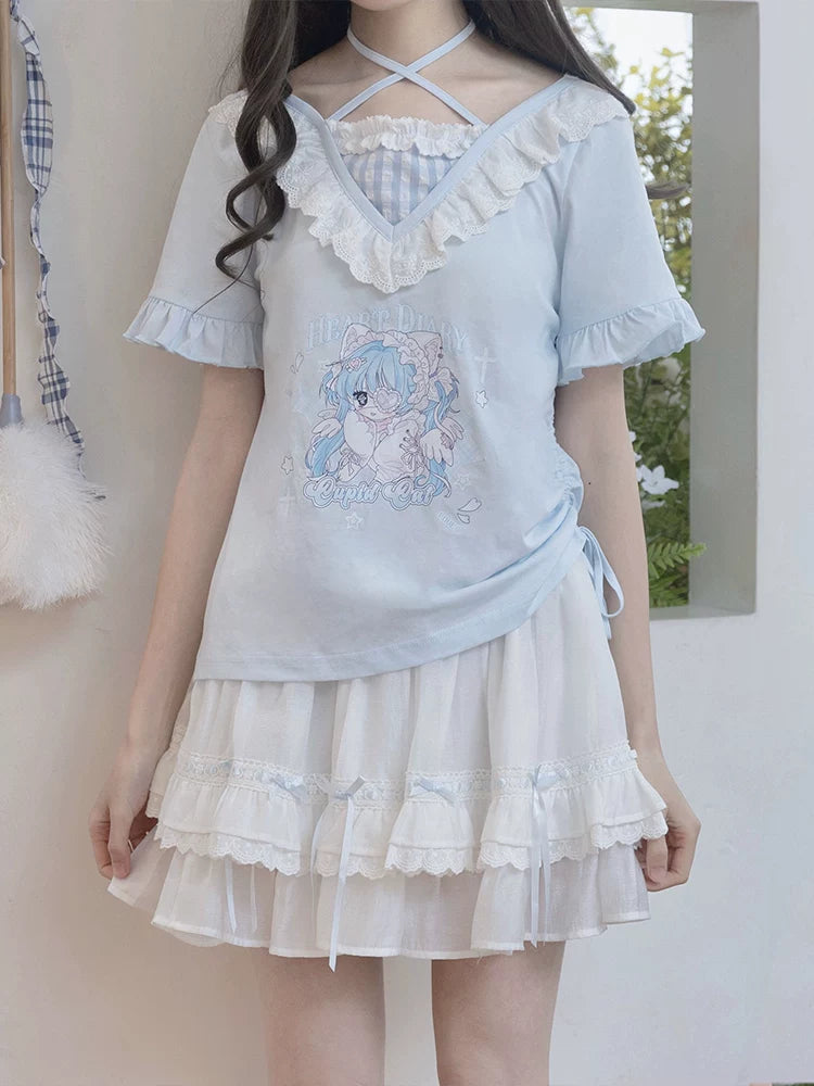 LaLa Sauce Ai Shen Cat Cat – Blue Original Design Lolita Home Outfit Flattering Slimming Skirt Set (Spring & Summer New)