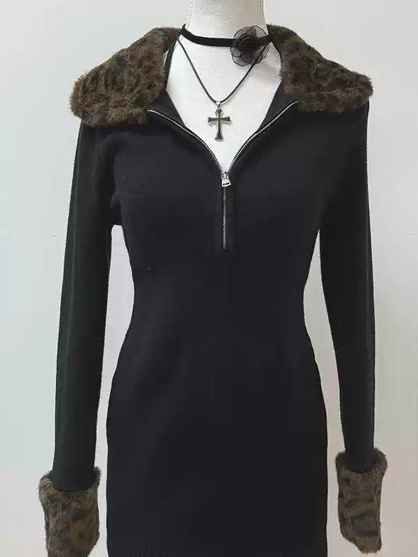 Black leopard print fur collar coat