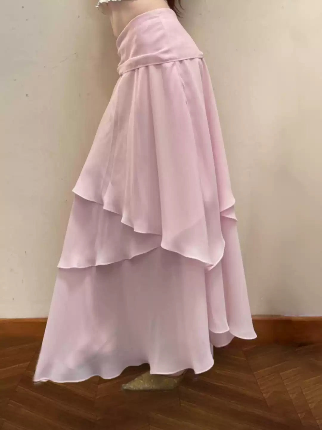 Pink Ruffled Mesh Long Skirt