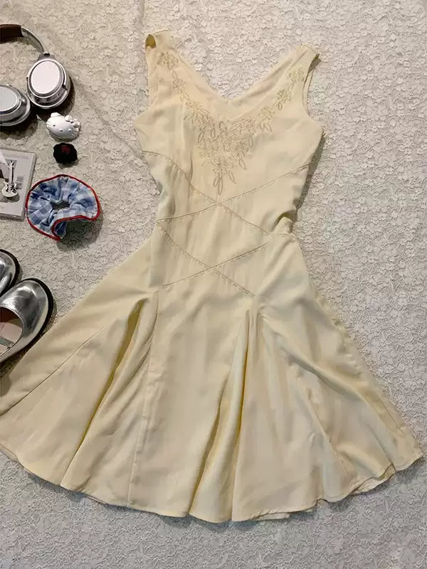 Yellow embroidered V-neck vest dress