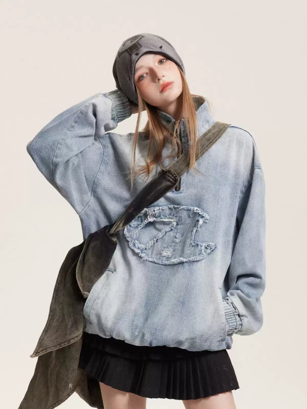 American distressed half-zip washed patchwork denim sweatshirt
