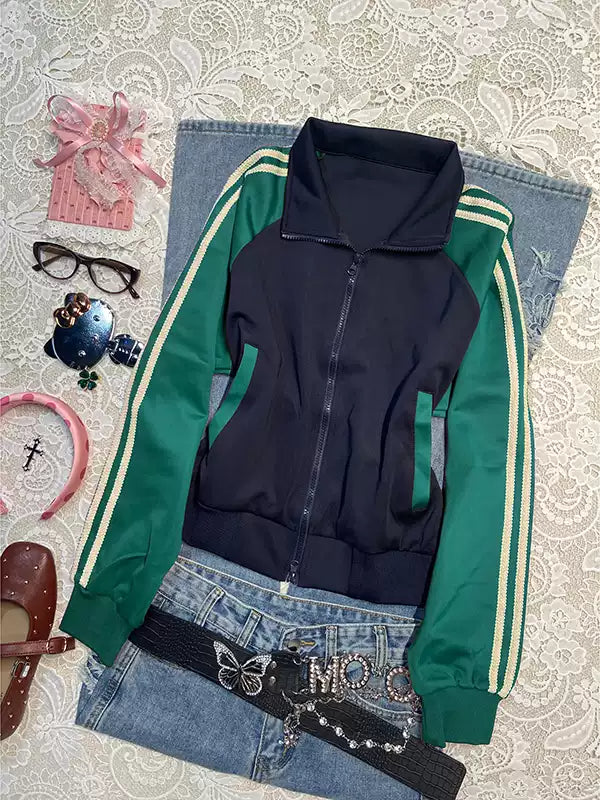 contrasting color splicing baseball jacket