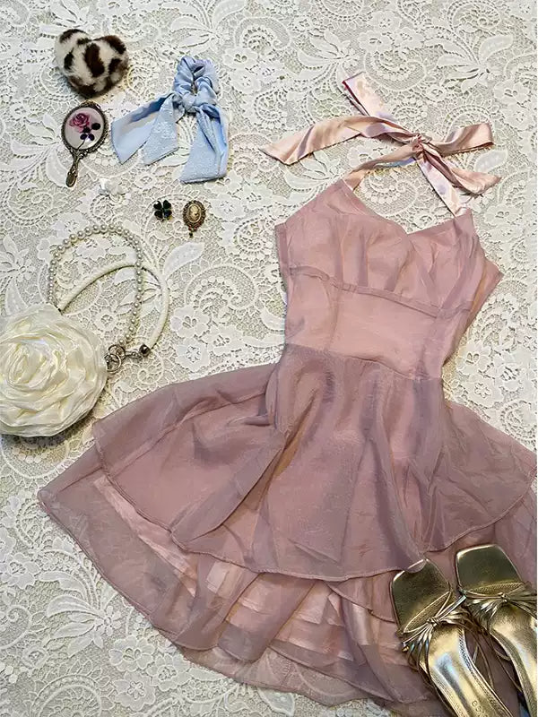 Fairy Pink Sleeveless Halter Dress