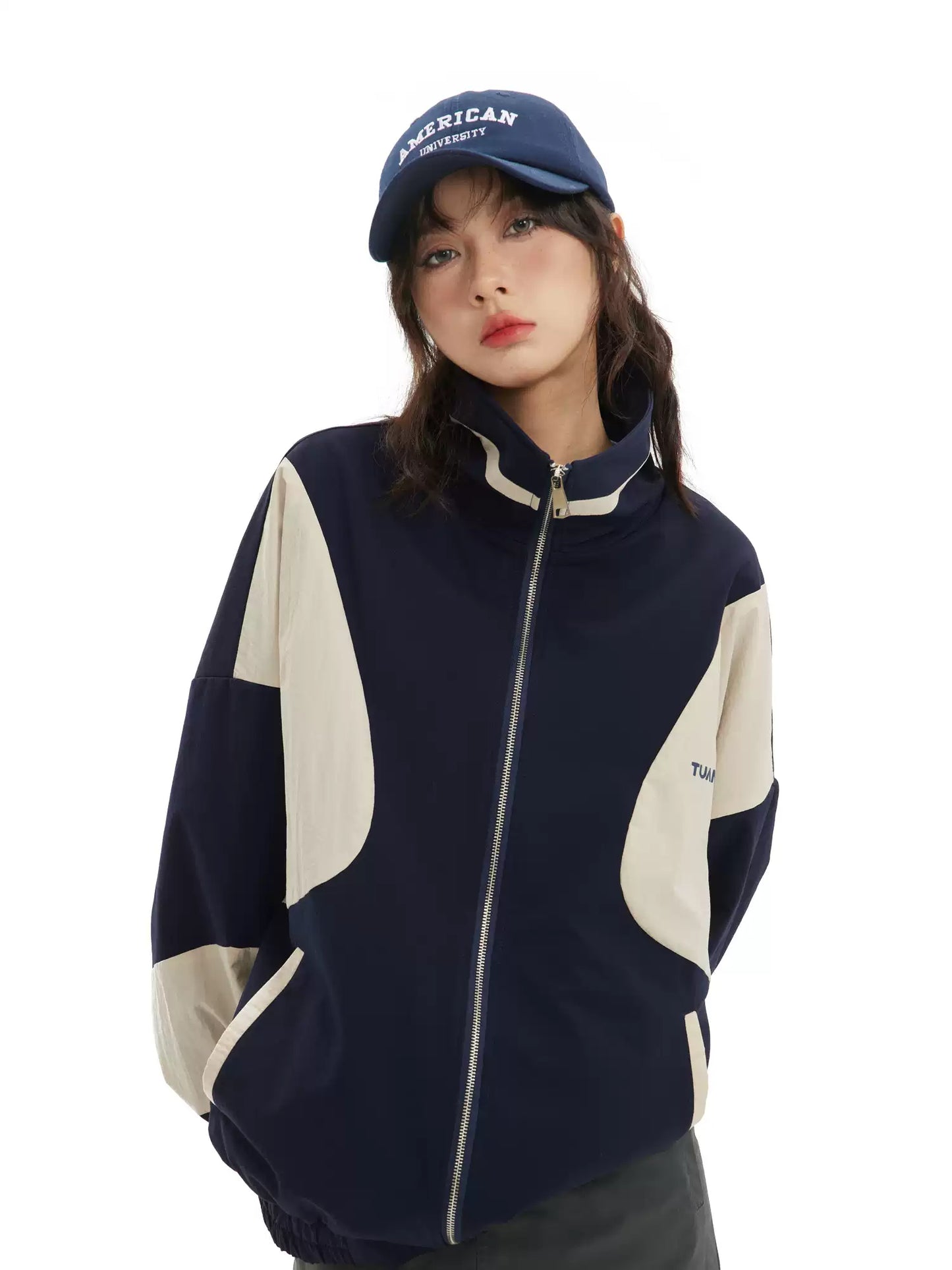American retro contrast zipper sports jacket