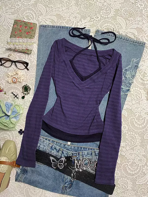 Purple halterneck short-sleeved Top