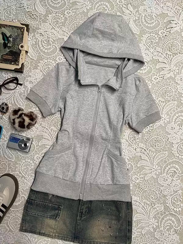 gray short-sleeved hoodie sweatshirt jacket