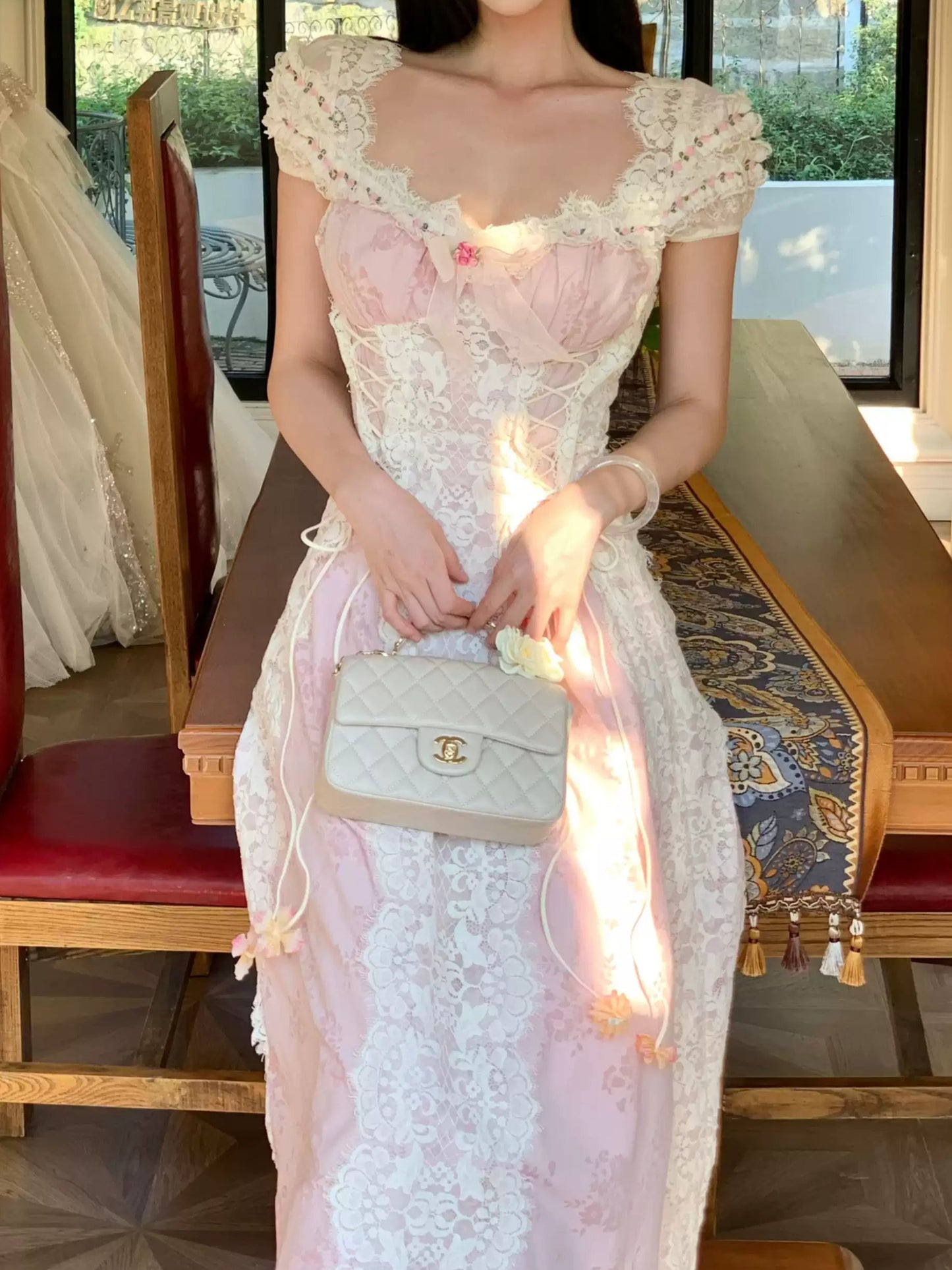 French Bow Ribbon Lace Princess Dress