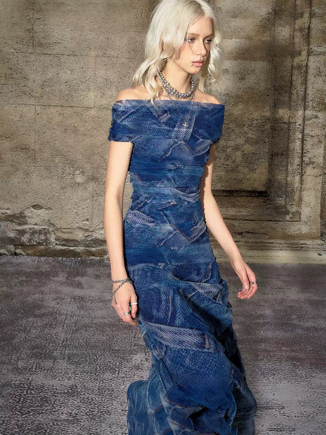 Blue One-shoulder Mesh Print Dress