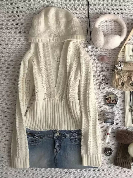 Retro White Hooded Sweater