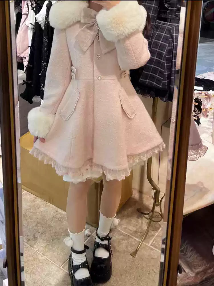Japanese sweet bow mid-length woolen coat