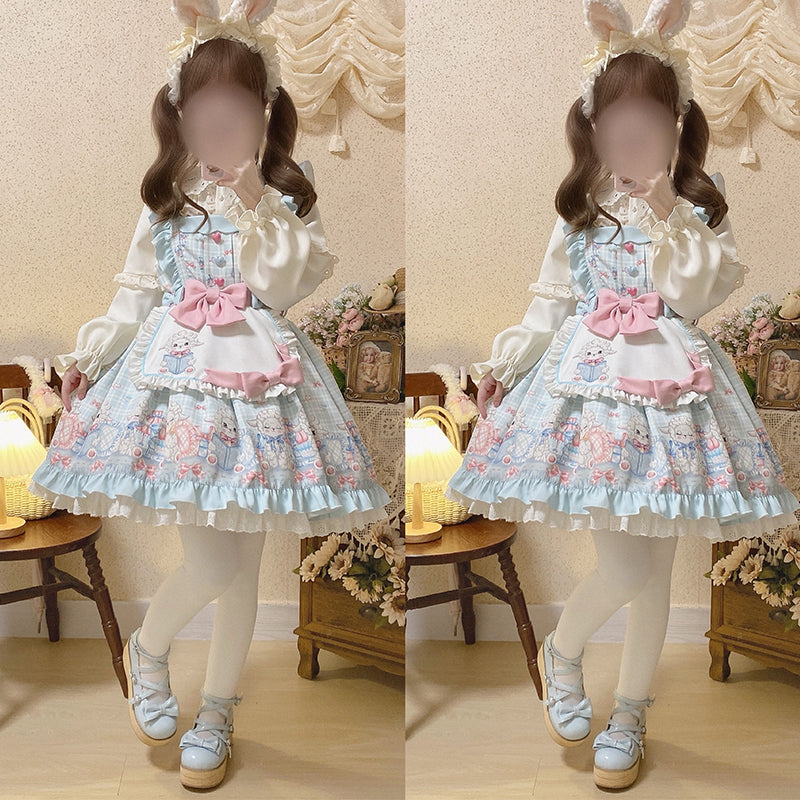 Kawaii Lolita JSK blue set ( dress+ side clip +apron+ blouse+brooch)