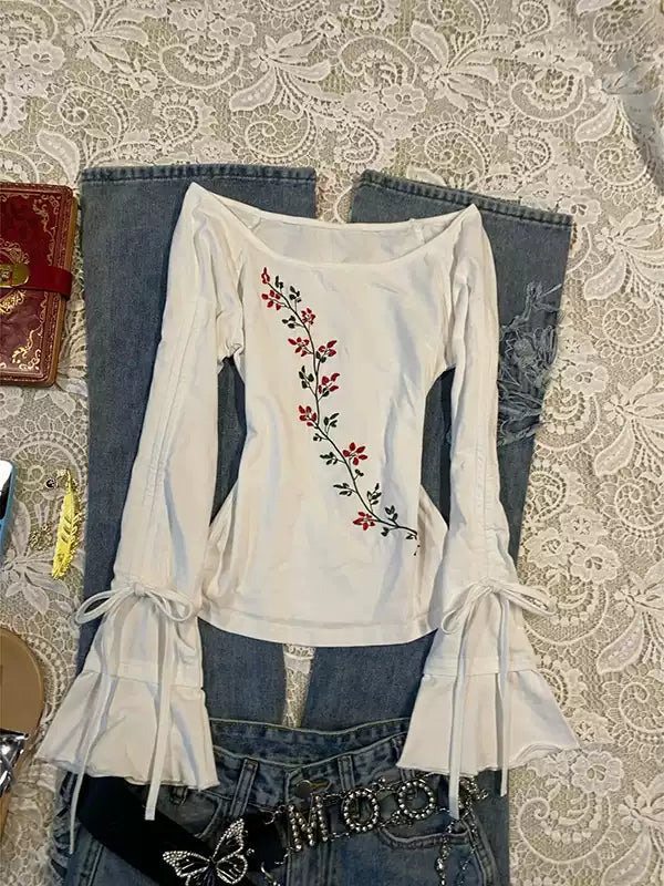 White round neck drawstring strap long-sleeved Top