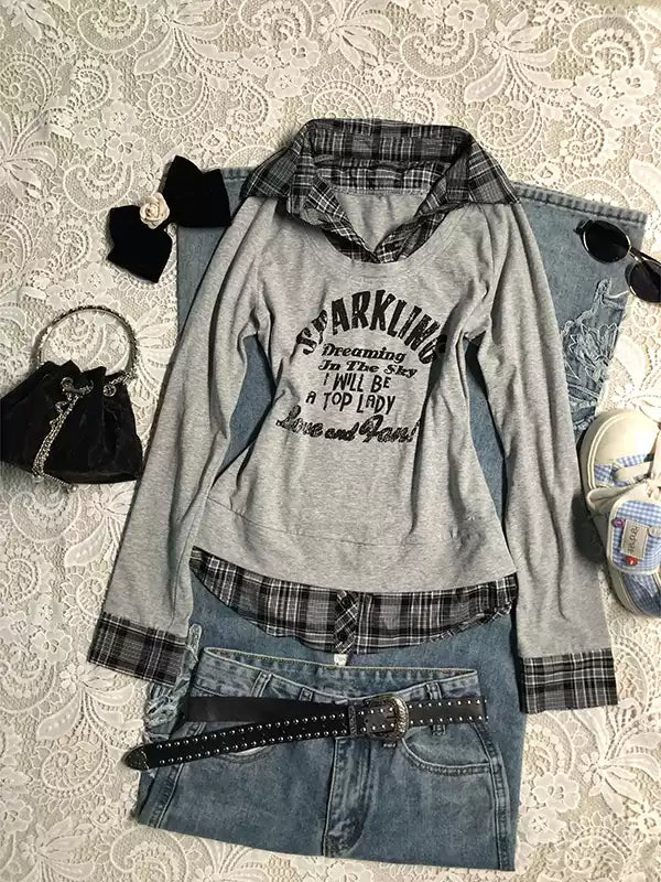 Gray plaid patchwork letters long-sleeved Top