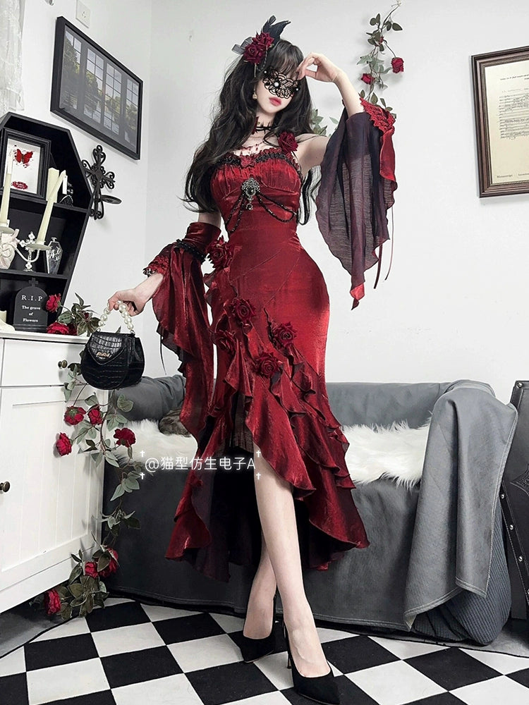 Burgundy Rose Fishtail Dress