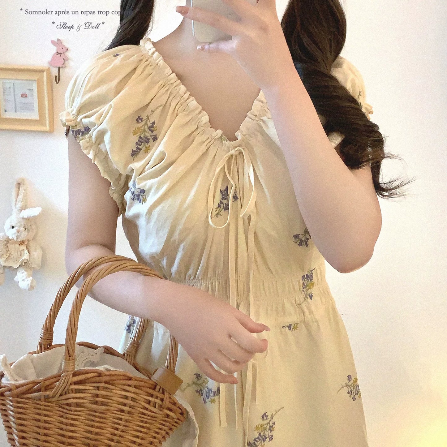 Final Stock MMyT Cotton Fabric Embroidered French Tea-Party Ruffle Pleated Waist Cinched Puff Sleeve Floral Dress with Tie