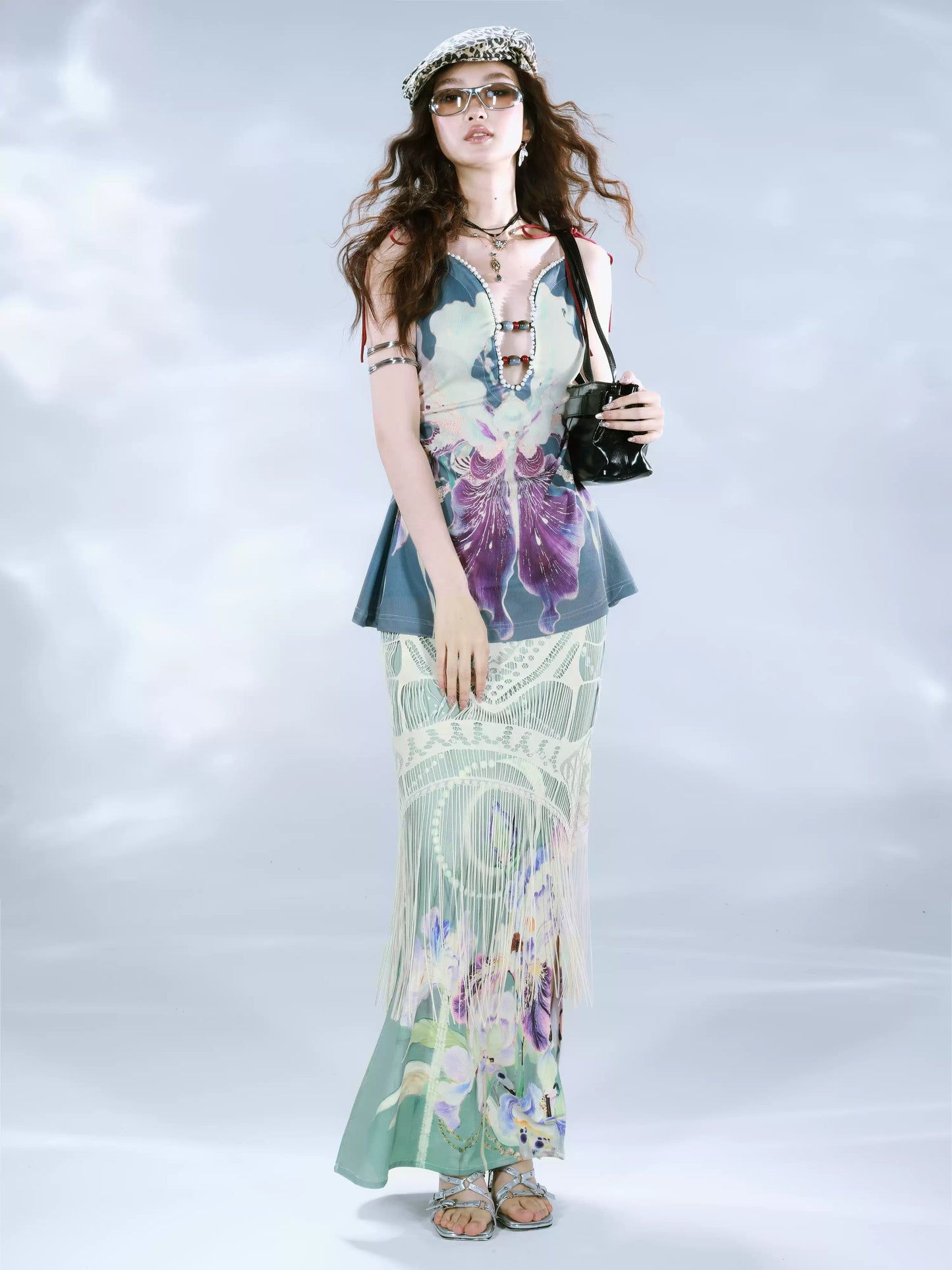 Retro Hand-painted Printed Fake Two-piece Tassel Skirt