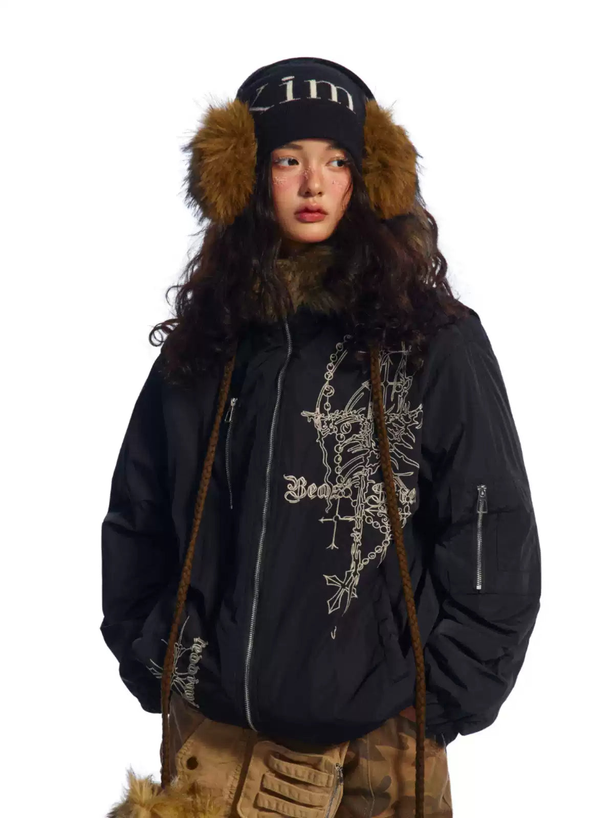 embroidered windproof fur collar hooded cotton jacket