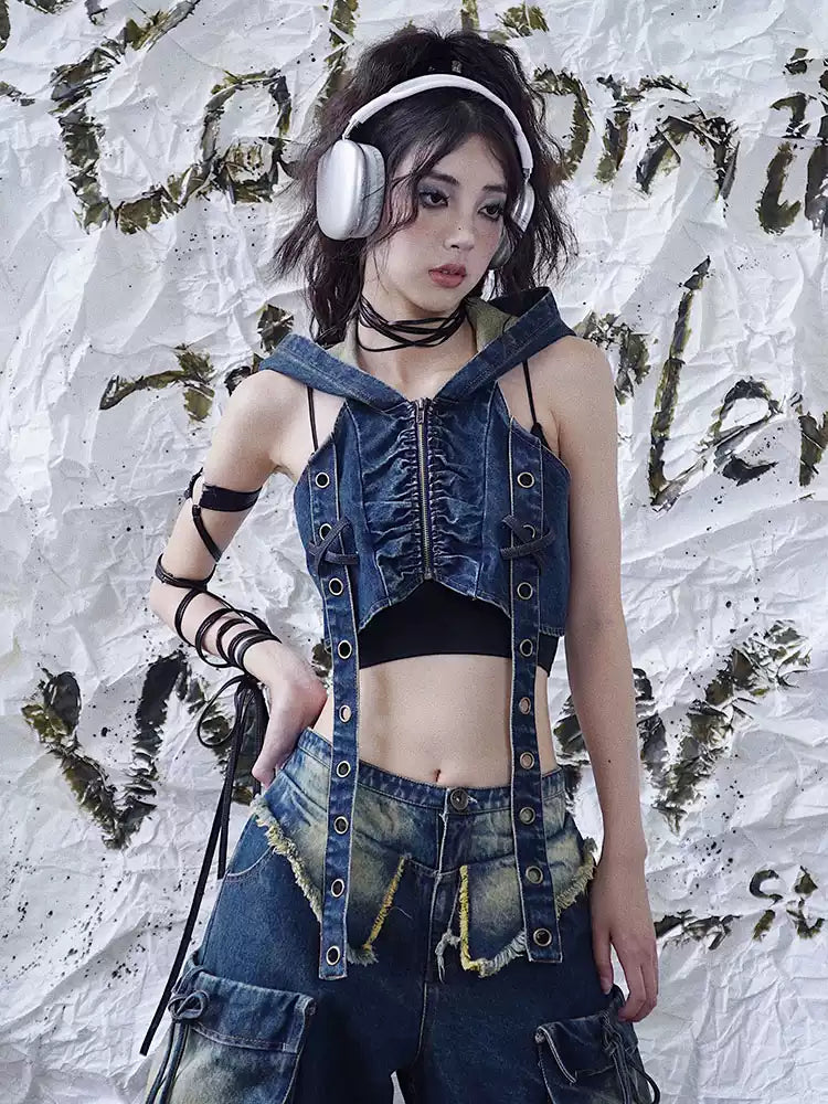 wasteland denim hooded punk rock vest