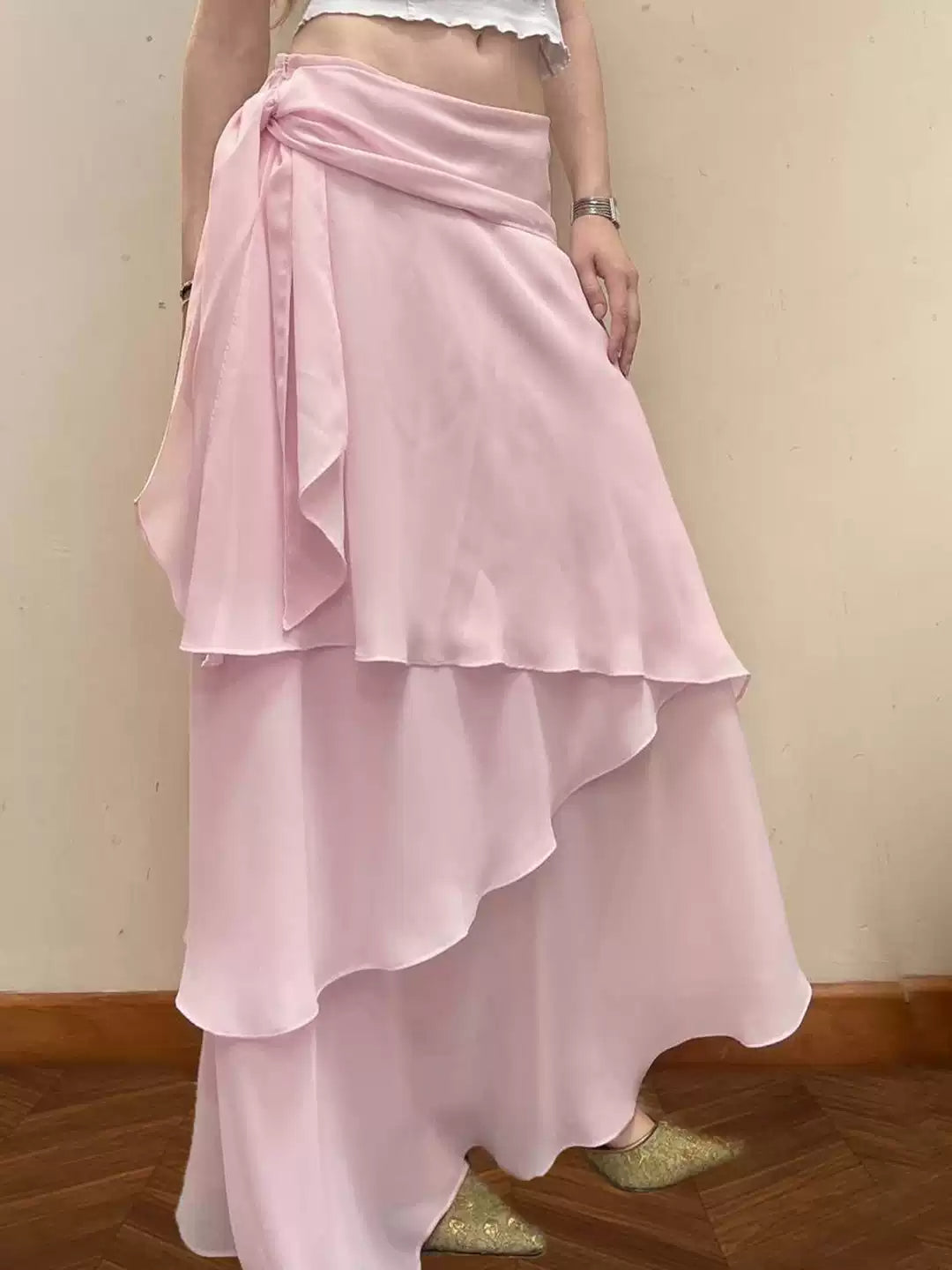Pink Ruffled Mesh Long Skirt