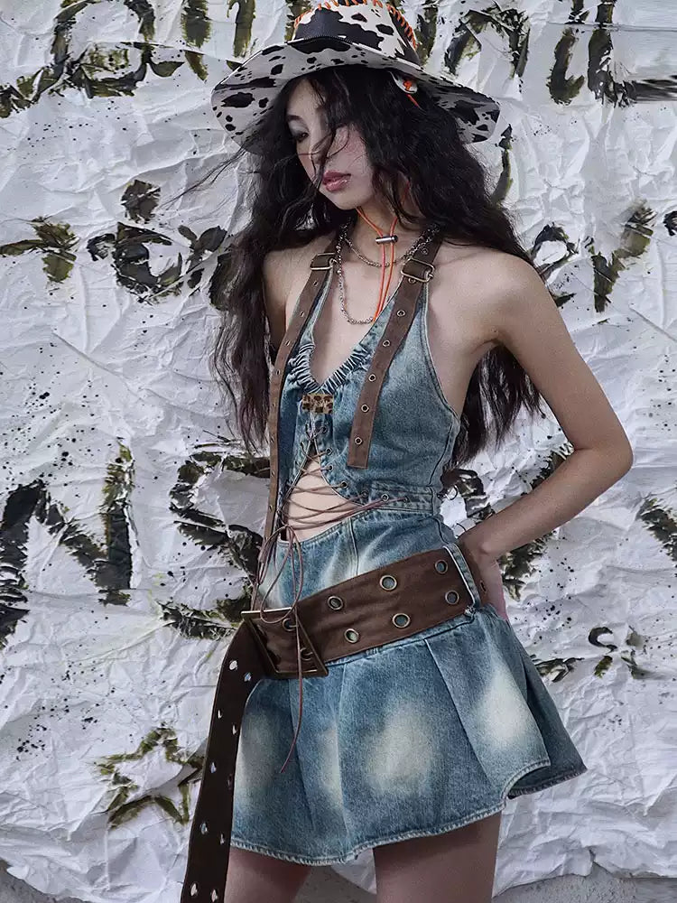 Hollow Straps Denim Style Short Dress