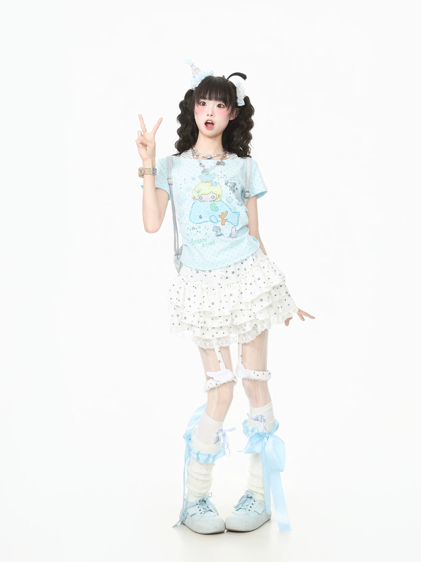 Languid Park Blue-Ghost Park Lace Flounce Petticoat Midi Skirt for Women Summer Bow Lace-Up Short Skirt