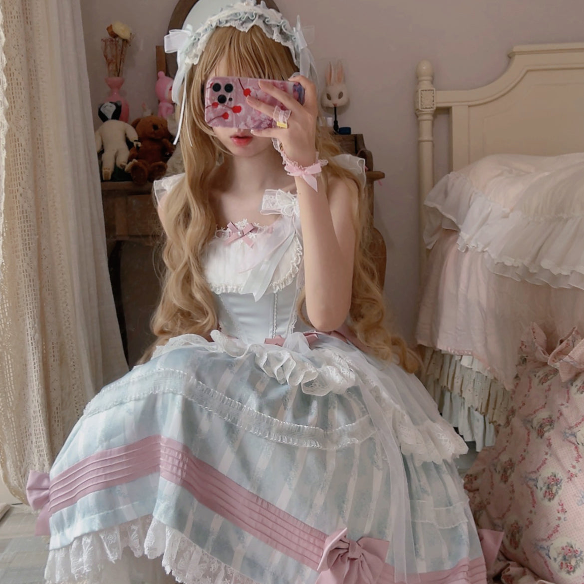 Baby Blue Mesh Pink Bow Lolita Dress