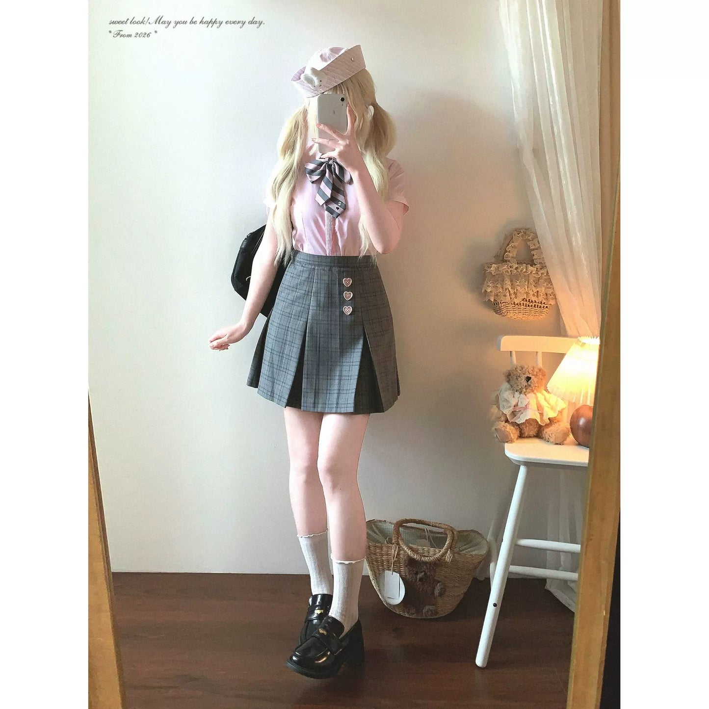 Last-Call Stock XY School Supply Loose-Fit Academy-Style Embroidered Wide-Pleat Skirt in Light Gray Tartan