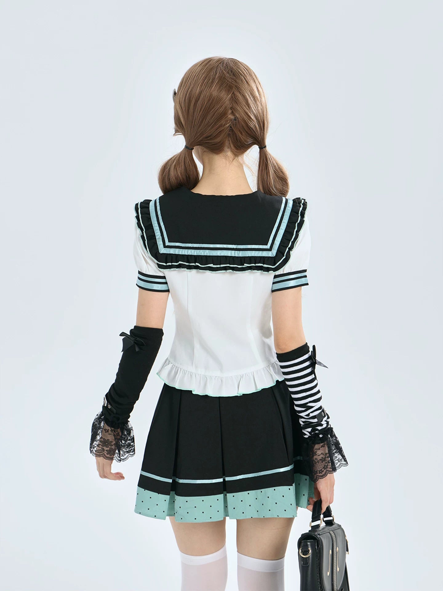 Lala Sauce Cyber Dreamscape Mint Black Sailor Dress Set Sweet Cool Bat Dot Bowtie Pleated Skirt Two-Piece