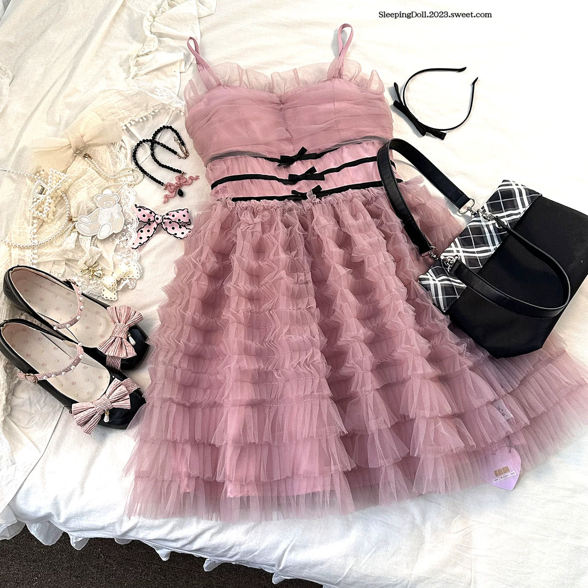 Sleepingdoll Handmade Feather Dream Layered Cake Bow Sweetheart Slip Dress Elegant Dress