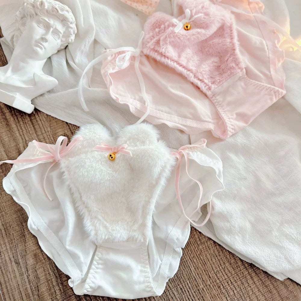 Japanese-Style Cat-Ear Bell Plush Bow-Knot Princess Triangle Cotton Panties—Fresh Cute Lolita Style Lace-Trim for Women