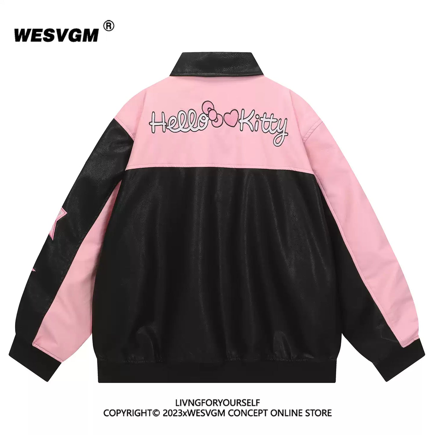 retro KT cat embroidered color-blocked leather jacket