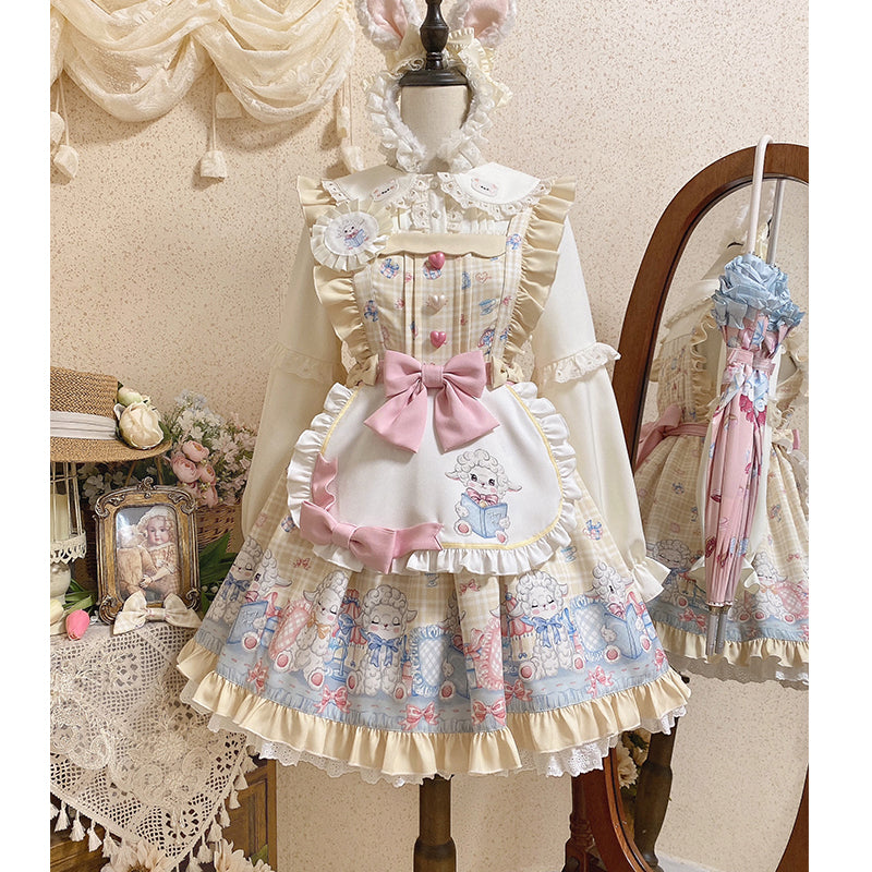 Kawaii Lolita JSK apricot dress+apron+side clip