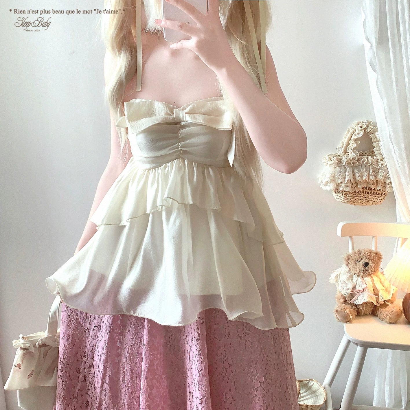 Final-Call Joykik* Sweet Butterfly Bow French-Style Glittering Chiffon Ruffled Pleated Bustier Off-Shoulder Top