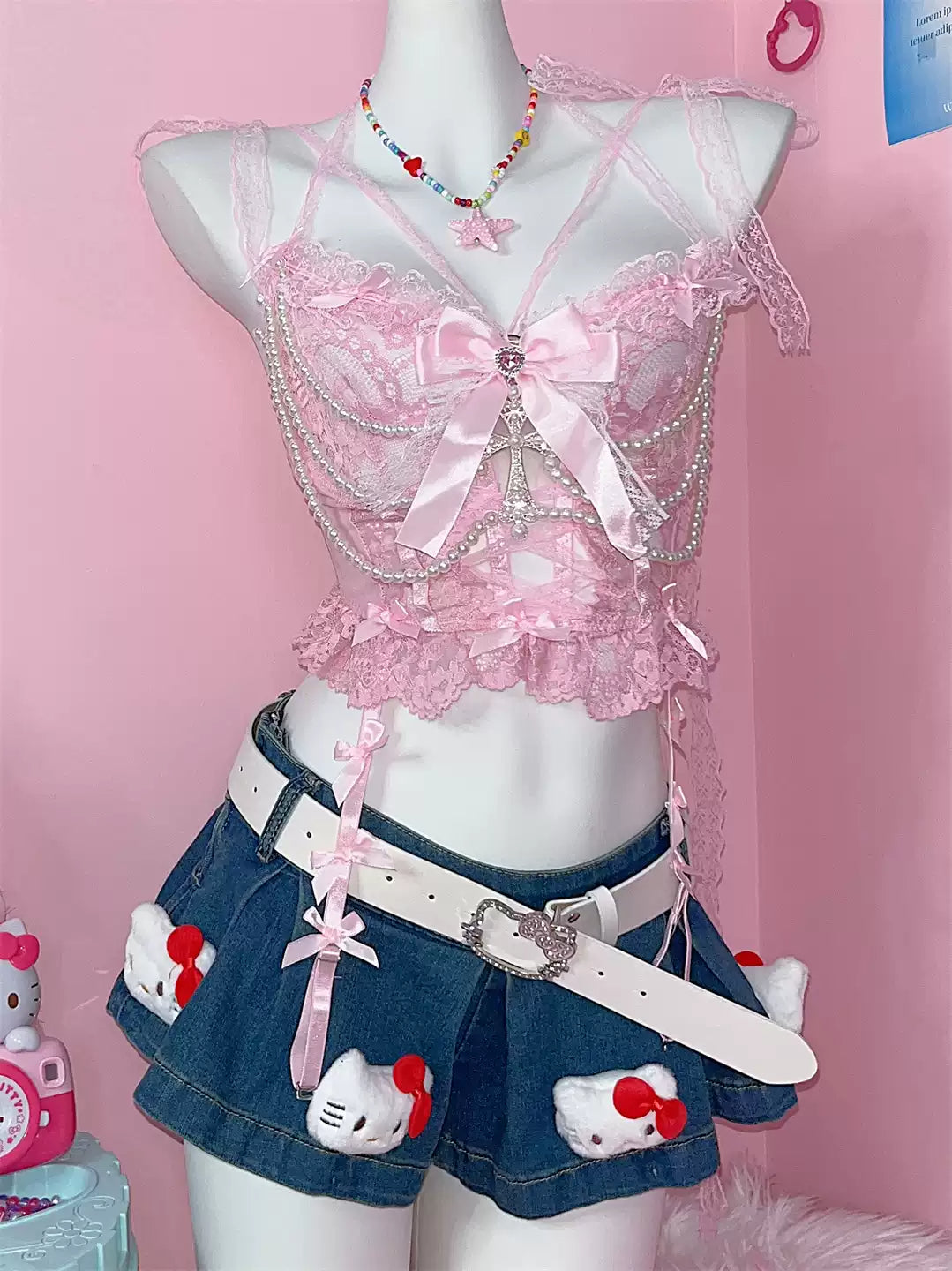 Y2K pink pearl sweet lace cross bow camisole
