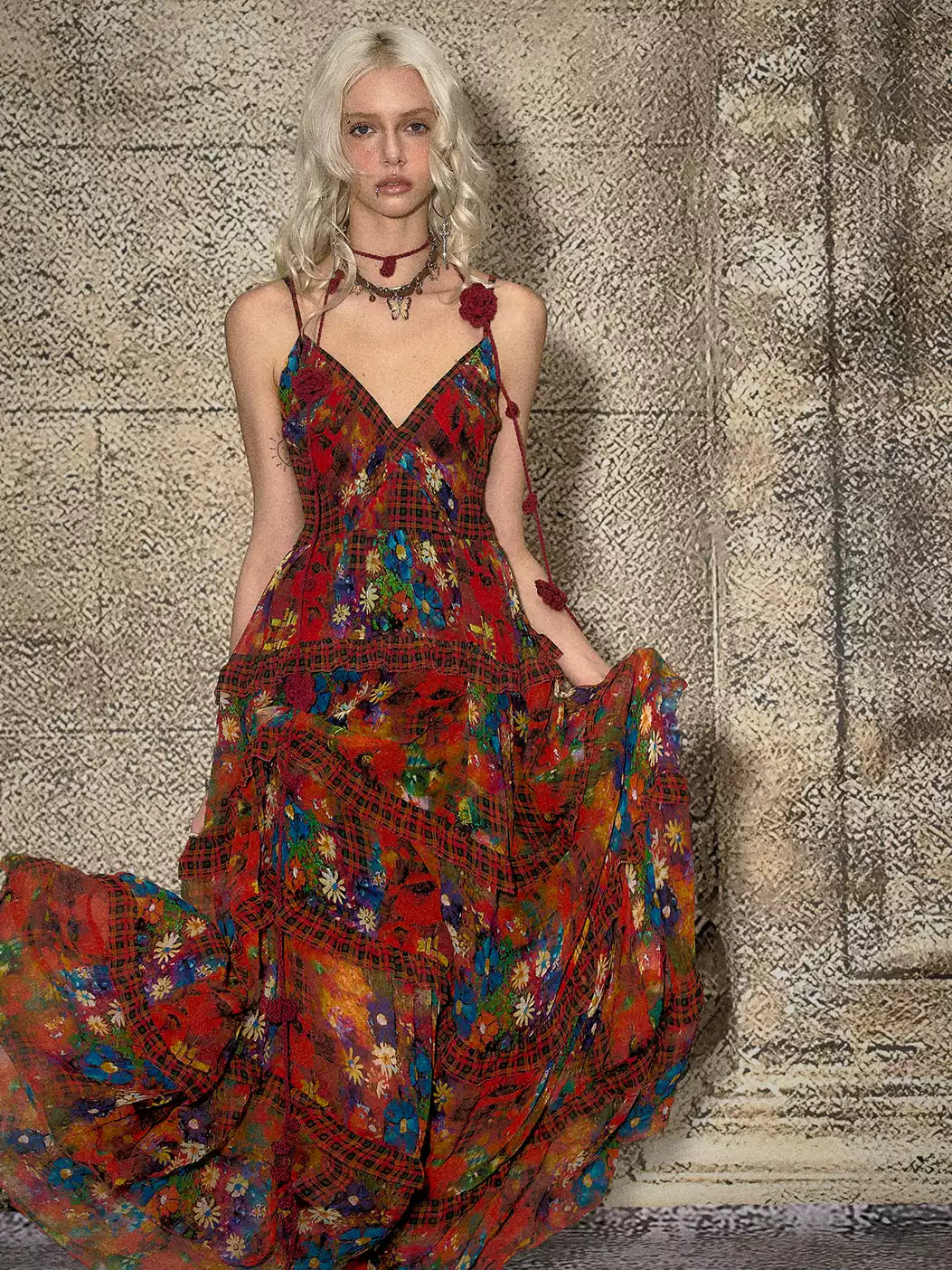 Fireworks Burning Retro Strap Floral Dress