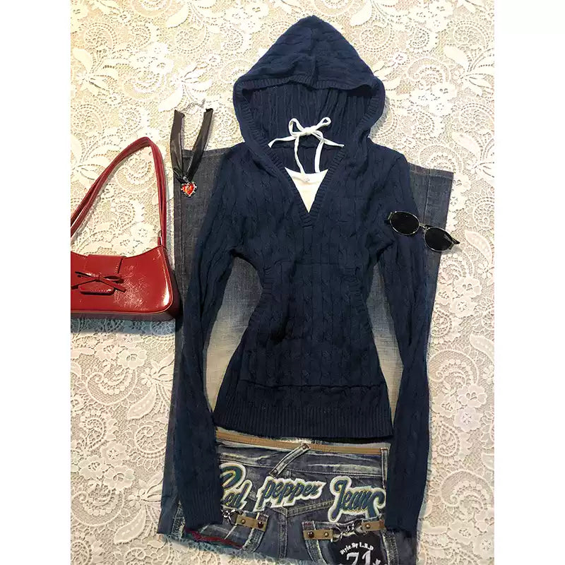 Navy hooded twist sweater