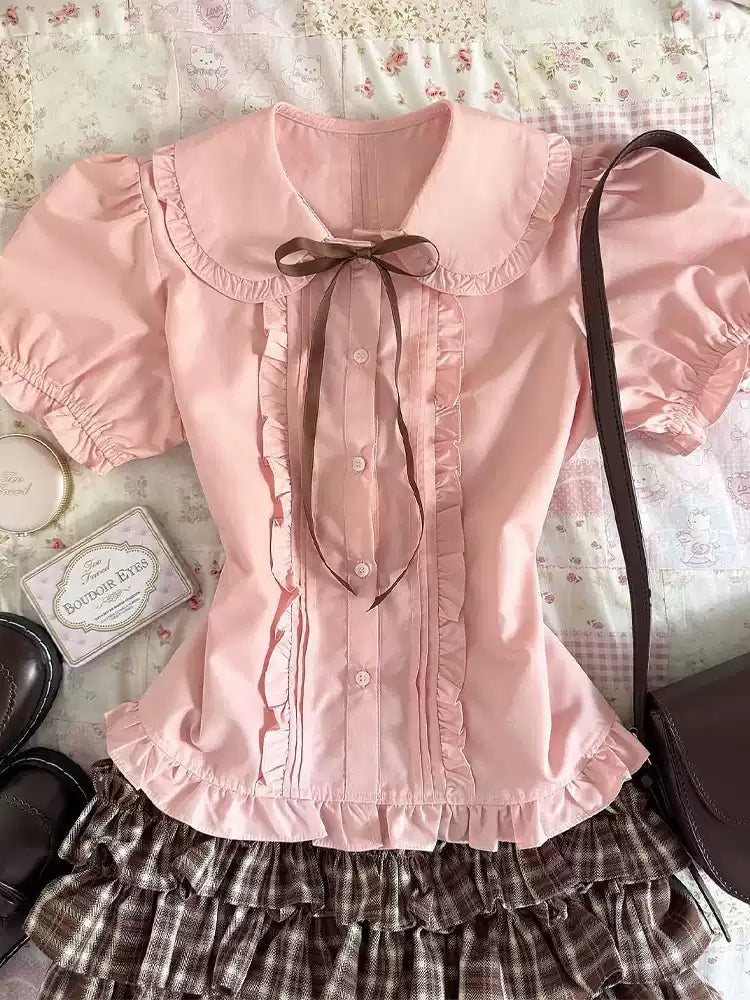 Retro Korean pink doll collar short-sleeved shirt