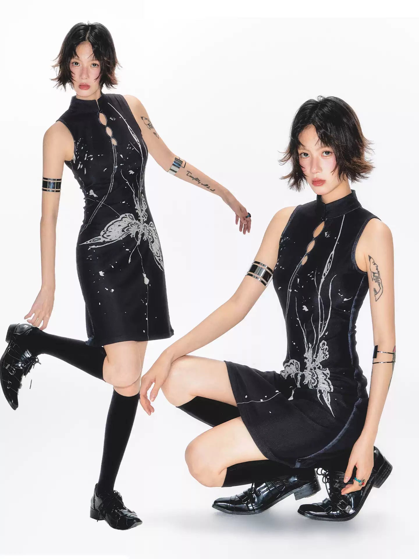 Butterfly & Snake Print Cheongsam Dress