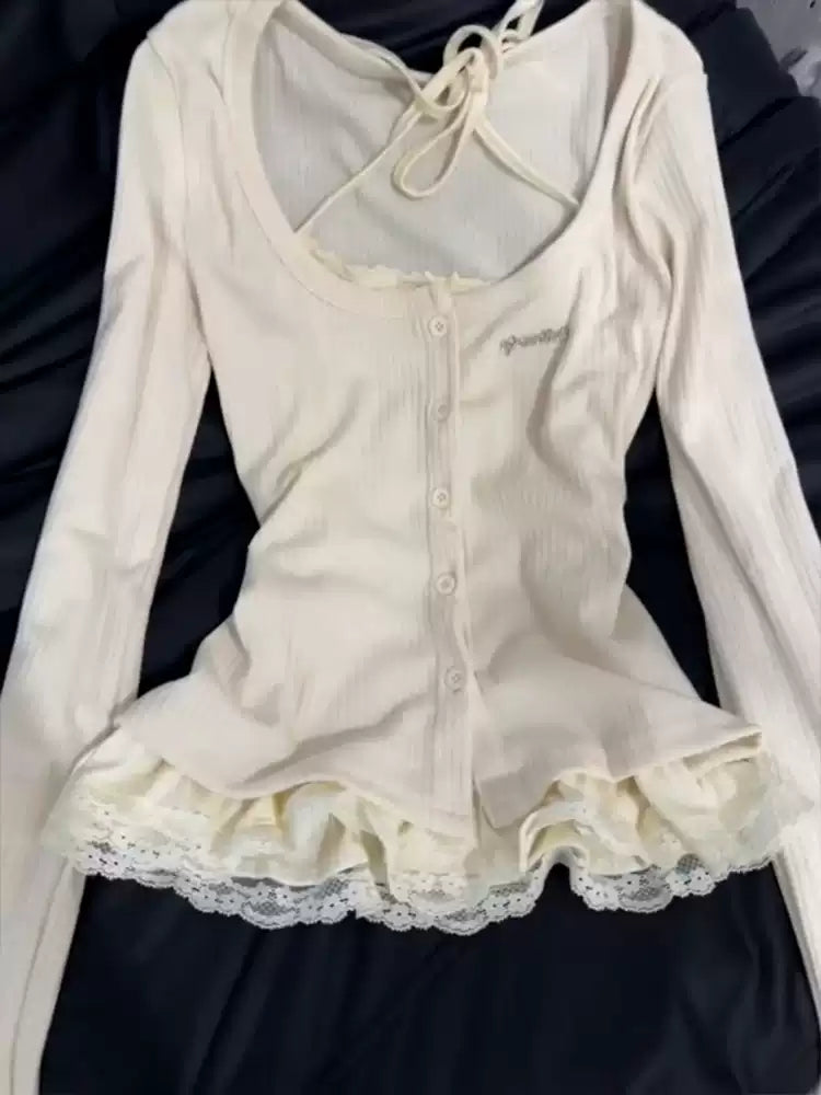 Korean gray fake two-piece lace long-sleeved Top