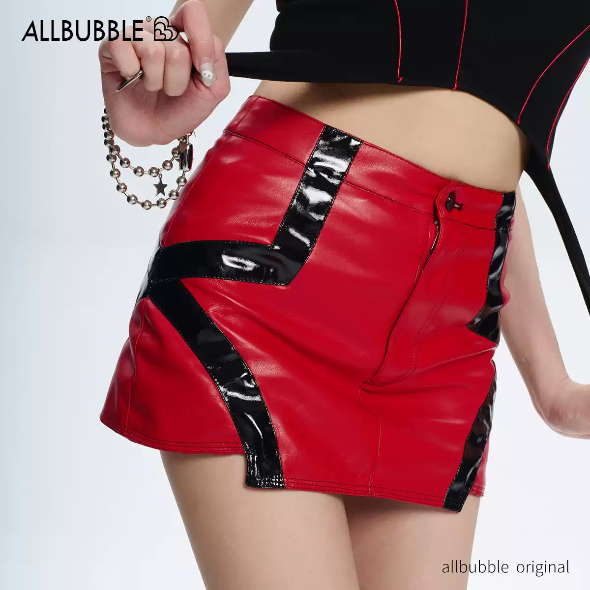 Functional style red and black hot girl leather skirt