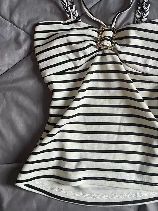 Black and white striped twist camisole