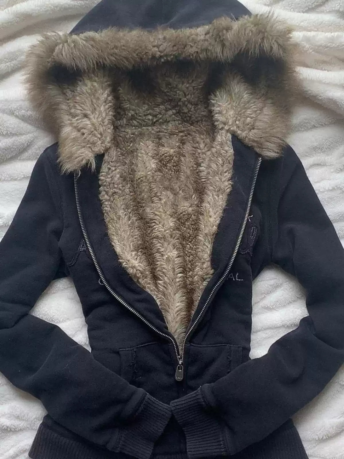 Black velvet hooded letter sweatshirt jacket