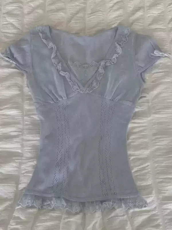 blue lace stitching V-neck top