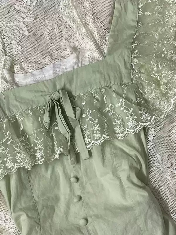 mint green lace patchwork square neck top