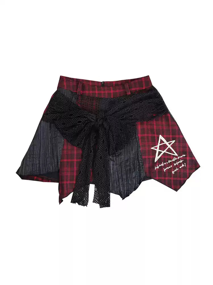 Red and black spliced irregular plaid skirt