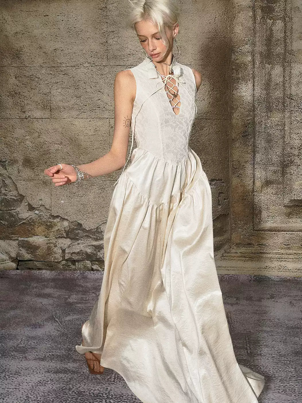 French Lace-up Sleeveless Waist Dress